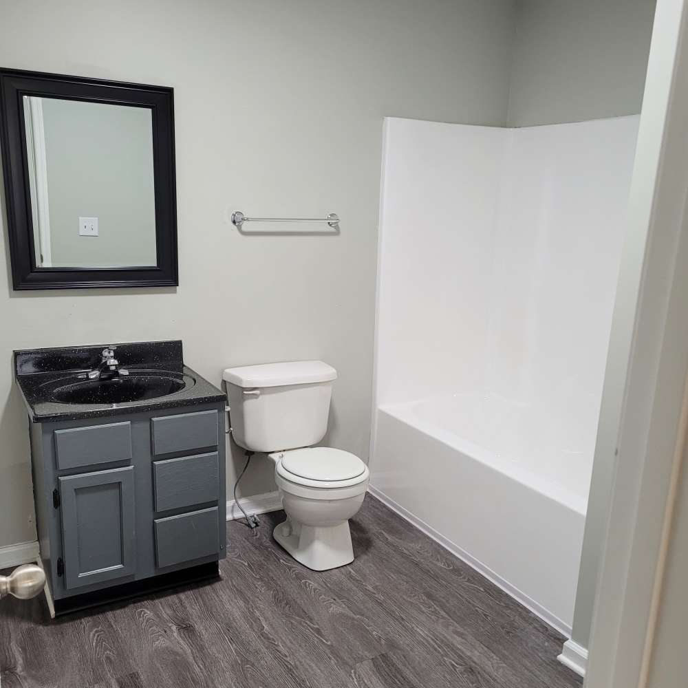 A bathroom with mirror and storage units at Maple Manor Apartments in Lebanon, Tennessee