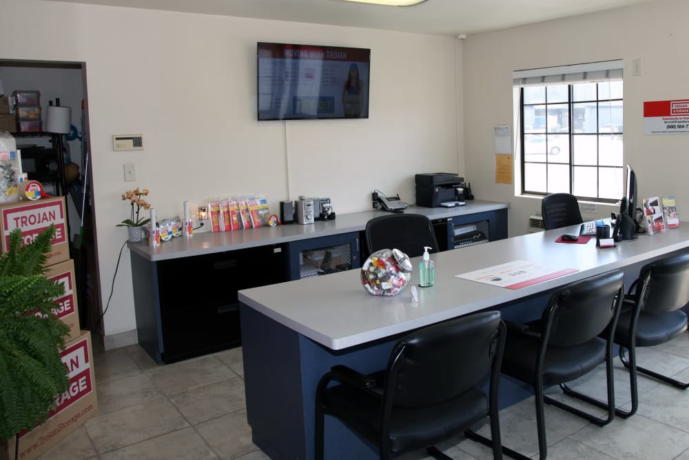 Leasing desk at Trojan Storage of Colton in Colton, California