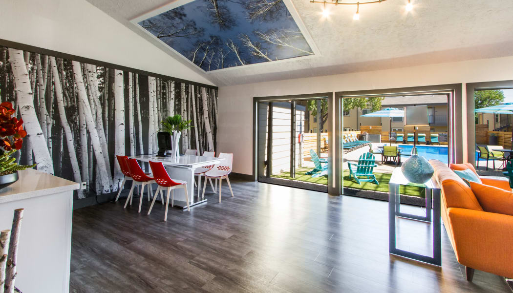 Beautiful and modern clubhouse interior at Sausalito Apartments in College Station, Texas