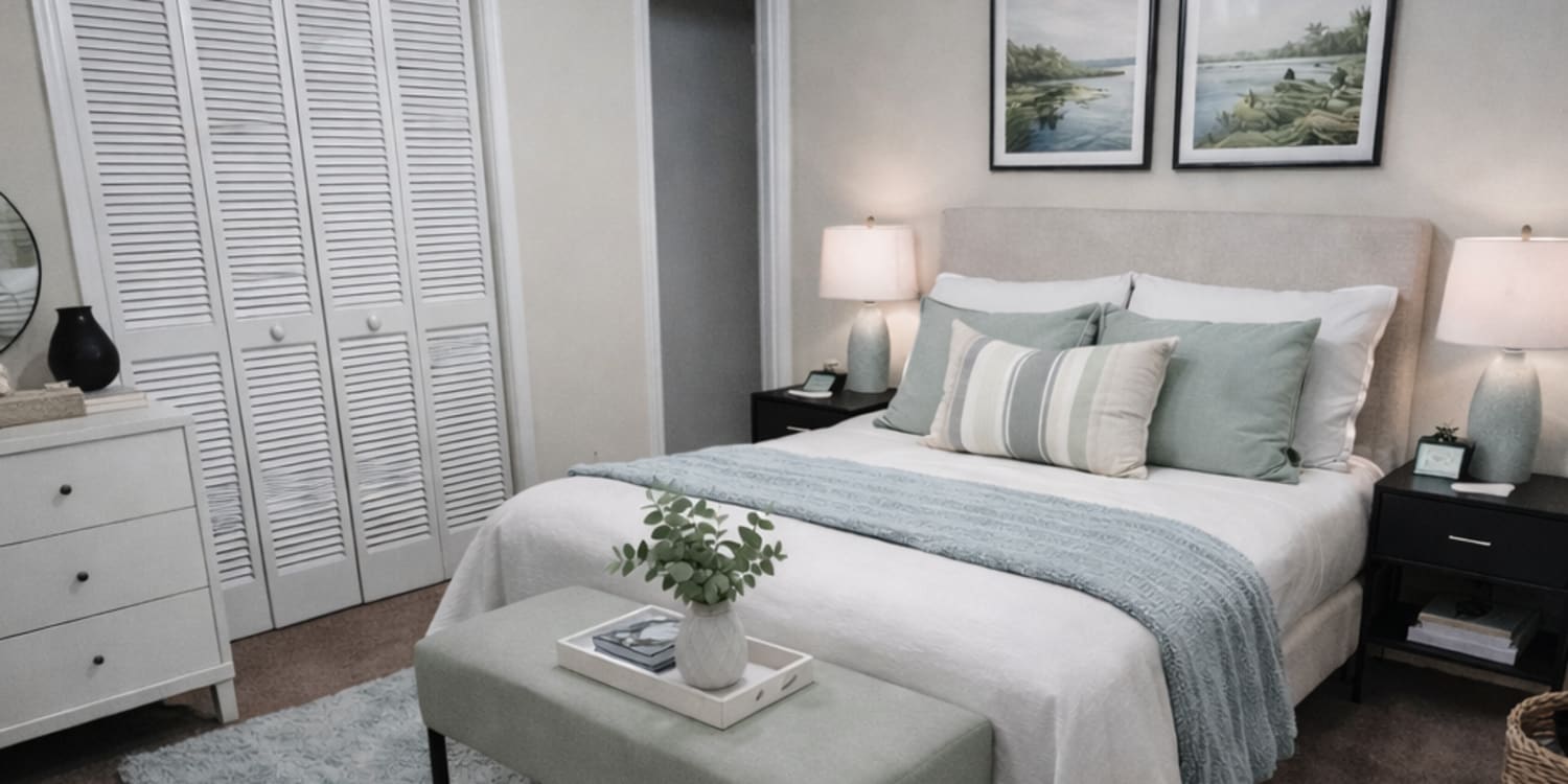 Bedroom with calm neutral color palette at Crossroads Market Apartments in North Augusta, South Carolina