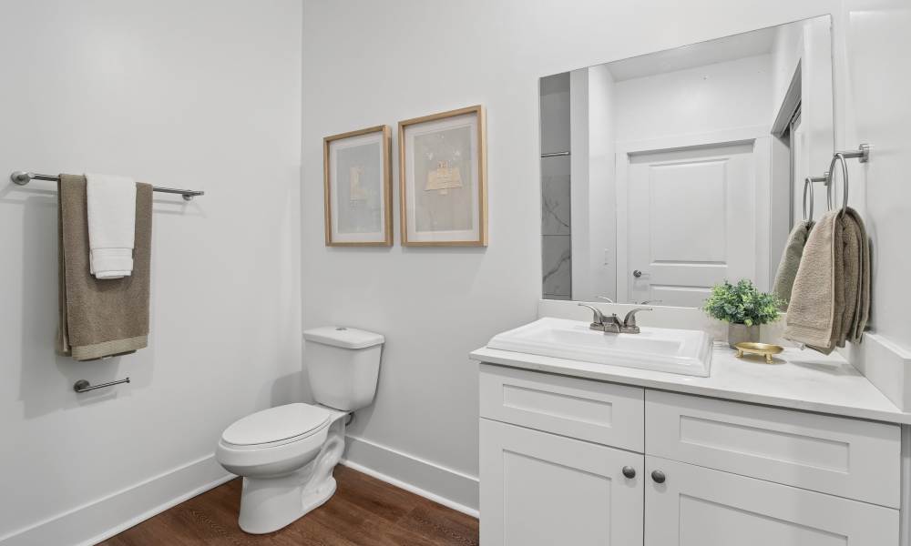 Modern bathroom with white cabinetry, granite countertop, and wood-style flooring at Everett at Port Wentworth in Port Wentworth, Georgia