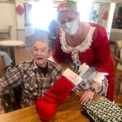 A resident getting a stocking at Ashbrook Village in Duncan, Oklahoma
