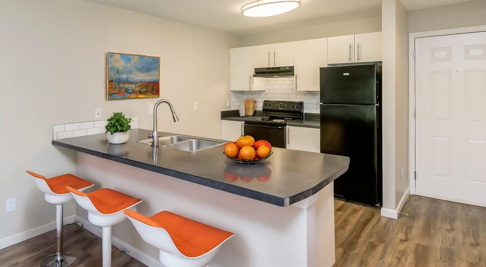 Modern kitchen with stainless steel appliances and breakfast bar at Equinox at Midtown in Chattanooga, Tennessee