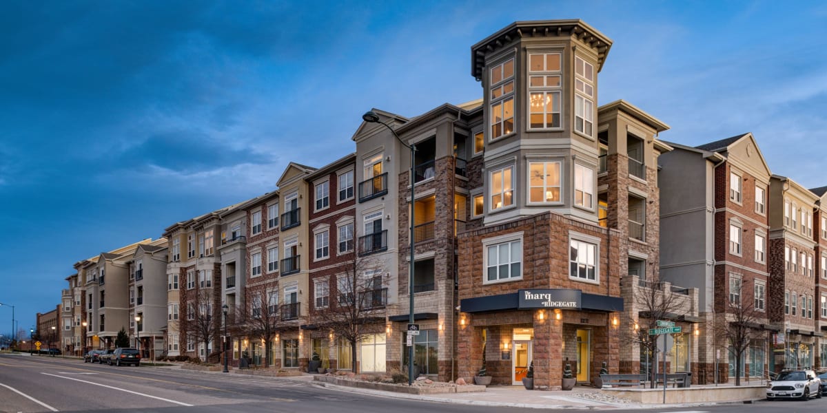 Street view of the entrance to The Marq at Ridgegate in Lone Tree, Colorado
