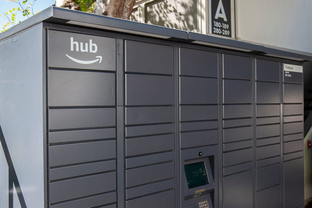 24-hour package lockers with Amazon HUB at The Timbers Apartments in Hayward, California