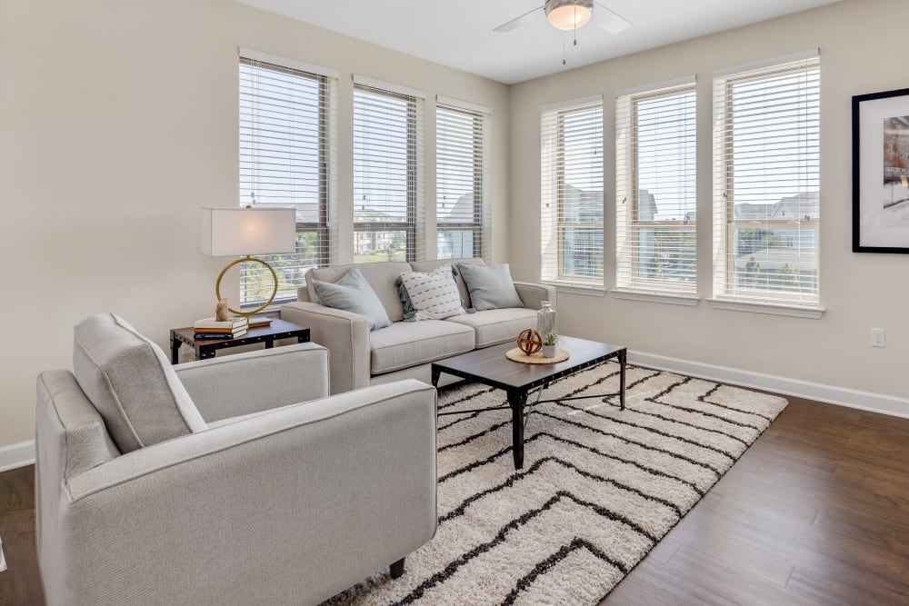 Model living room with wood-style floors at The Point at Town Center in Jacksonville, Florida