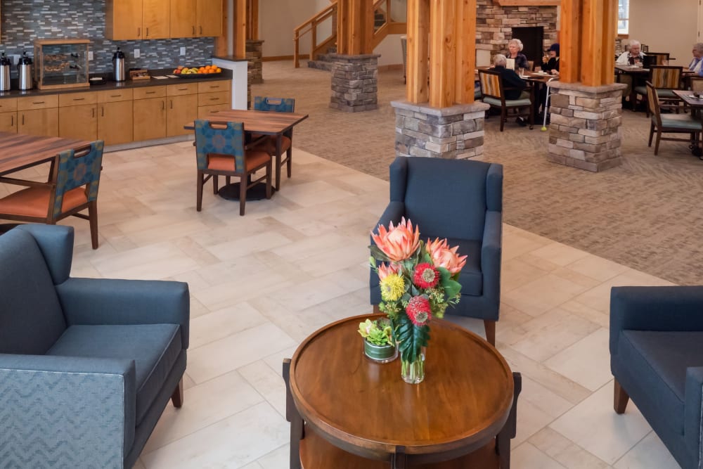 Lounge area with refreshments at Pear Valley Senior Living in Central Point, Oregon