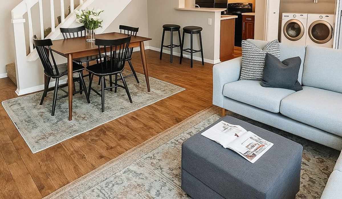 Living room with wood-style flooring at Stonehaven Apartments in Hazelwood, Missouri