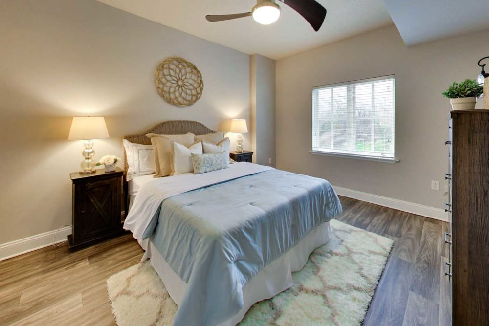 Spacious model bedroom with luxury plank flooring and a ceiling fan at SouthPark Morrison in Charlotte, North Carolina