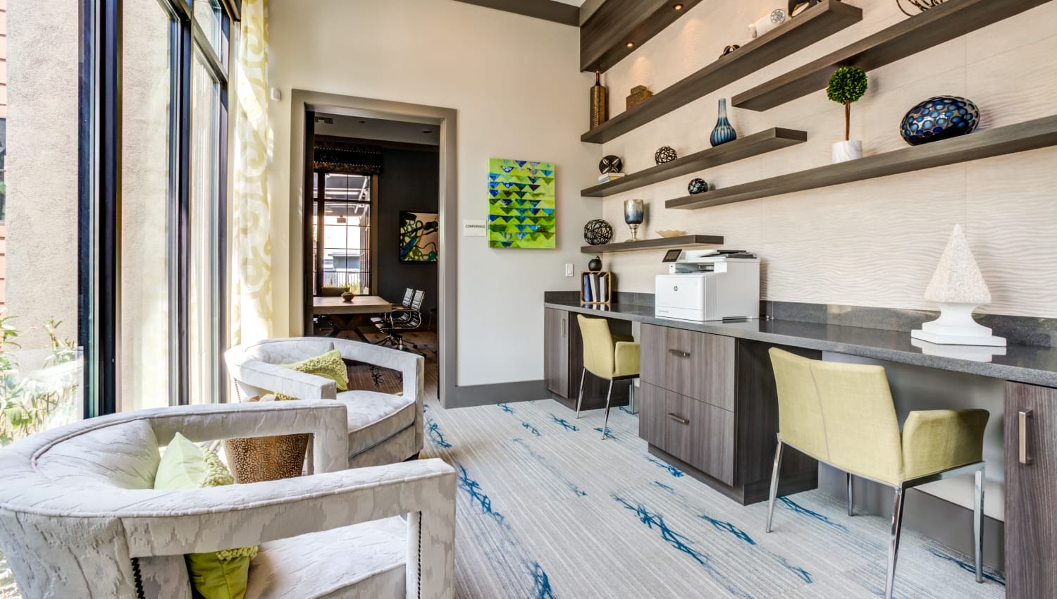 Business center with a printer and two work stations at Town Commons in Gilbert, Arizona