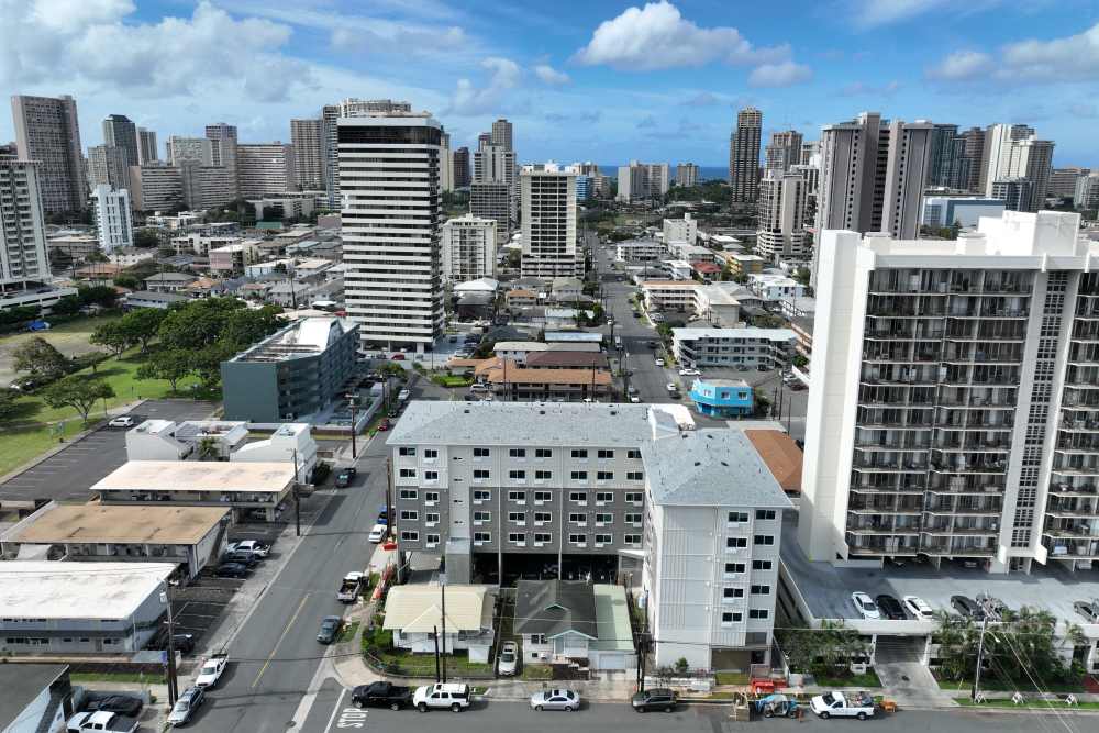 Exterior of the community building at Hale Makana O Moiliili in Honolulu, Hawaii