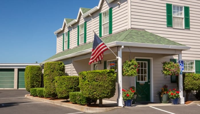 Side view of A Storage Place's warm and welcoming leasing office in Newberg, Oregon