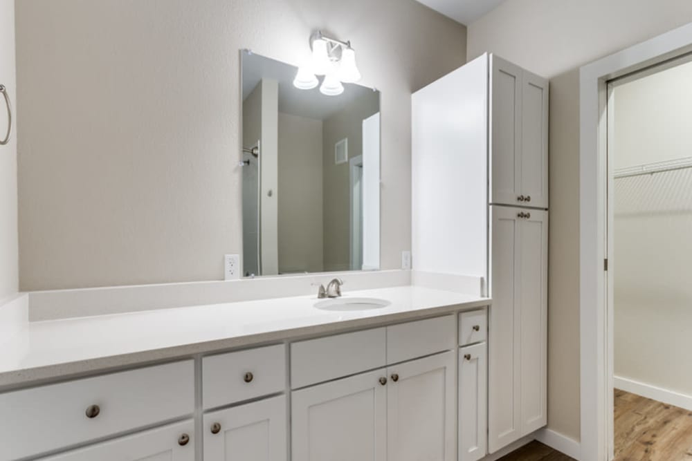 Large storage vanity in the bathroom at The Trail Lakes in Fort Worth, Texas