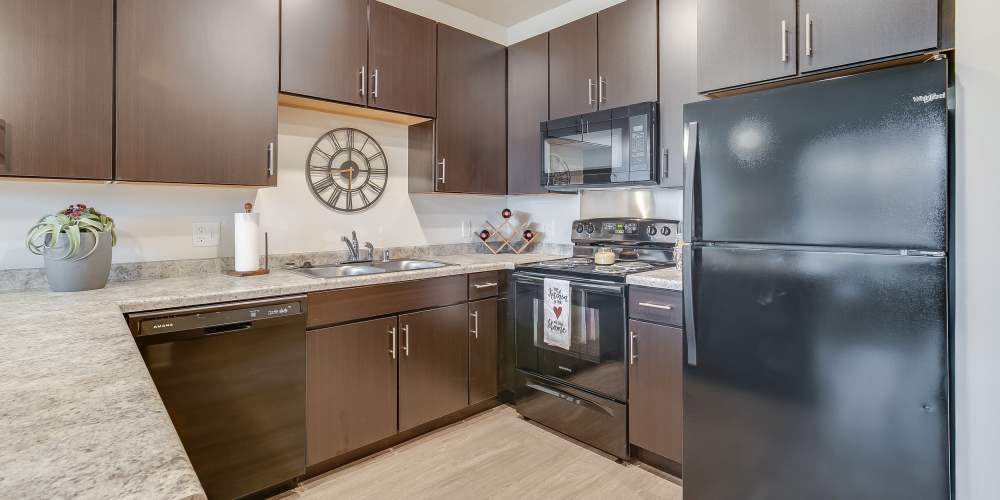 Modern apartment kitchen at Eva Manor in Pleasant Prairie, Wisconsin