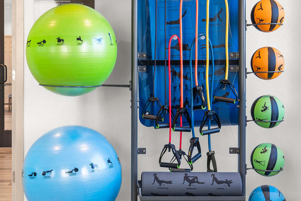 Colorful exercise equipment at Olympus at Arroyo Verde in Tucson, Arizona