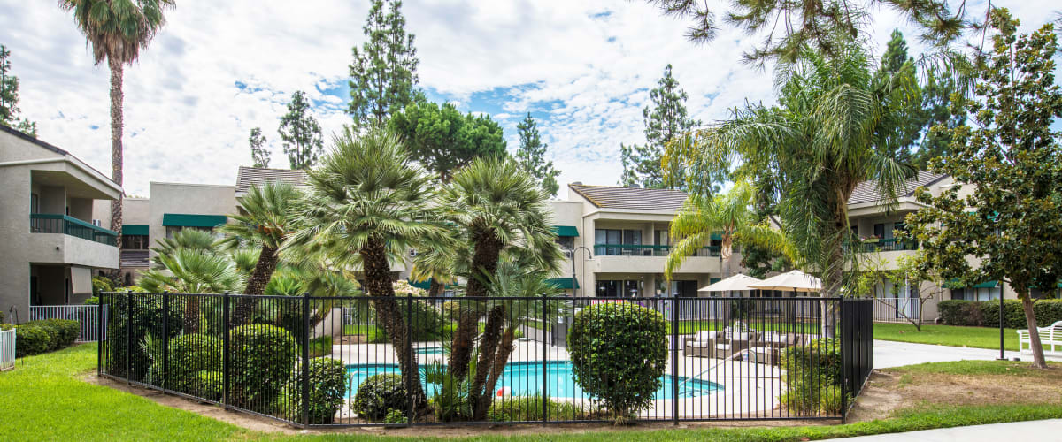 Fenced swimming pool at Citrus Place in Riverside, California