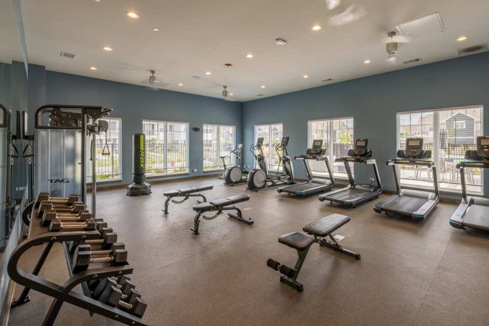 Residents in a yoga class at the onsite wellness center at The Bluffs in Romeoville, Illinois