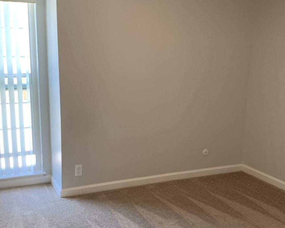 Carpeted living room with door to balcony at Redwood Plaza in Fremont, California