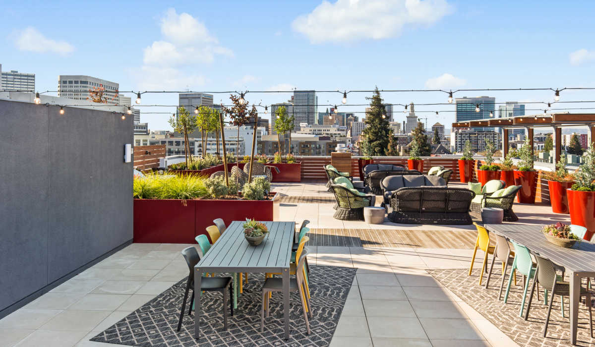 Oakland, CA, Apartments Near Palmetto In Oakland, CA - Telegraph Arts - A Rooftop Lounge With Outdoor Seating, Dining Areas, Greenery, And City Skyline Views.