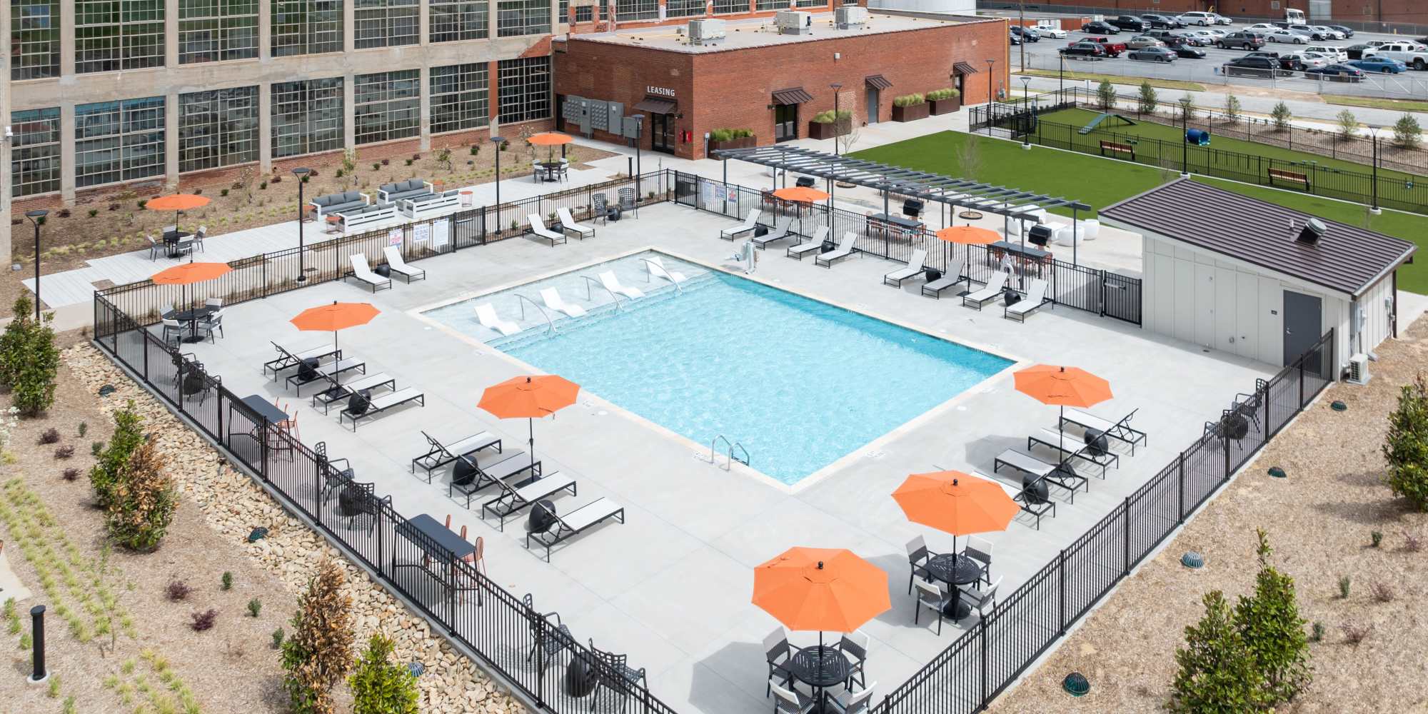 Great view of pool area at Mojud Lofts in Greensboro, North Carolina