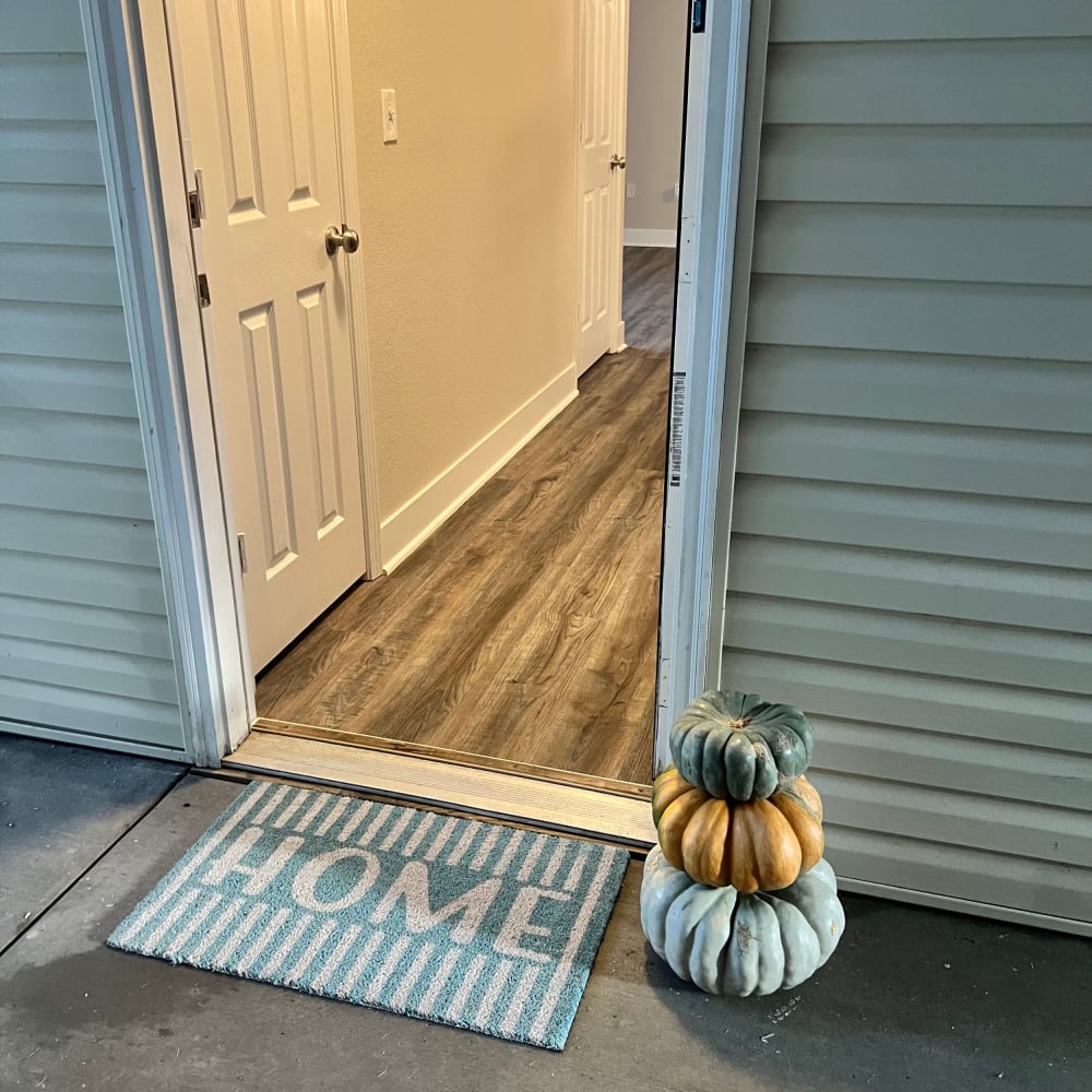 Decorations outside the front door of an apartment at The Legends on the Park in Eureka, Missouri