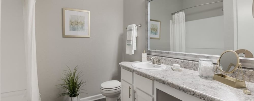 An apartment bathroom with a bathtub at Chace Lake Villas in Birmingham, Alabama