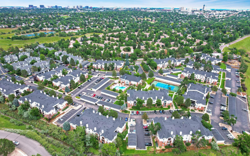 Aerial view of the property at Villas at Homestead Apartments in Englewood, Colorado
