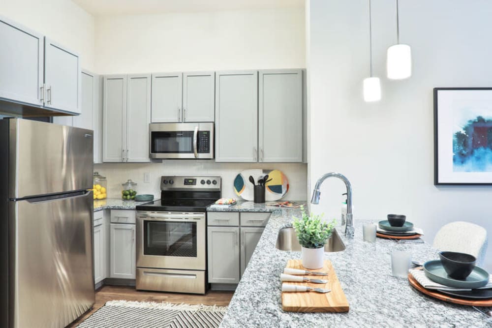 Model kitchen with stainless-steel appliances and granite counters at Woodside Eleven in Greenville, South Carolina