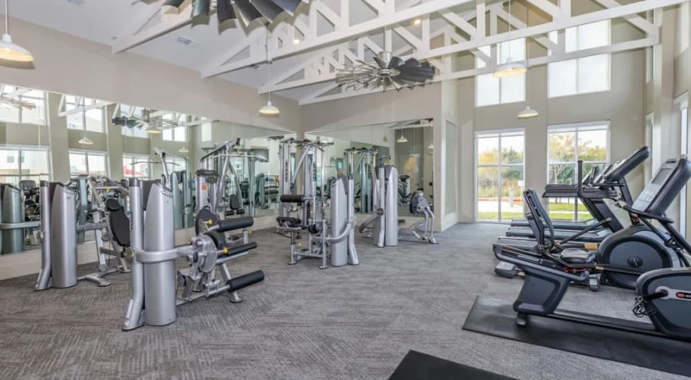 Fully equipped fitness center at Luxia Rockwall Downes in Rockwall, Texas