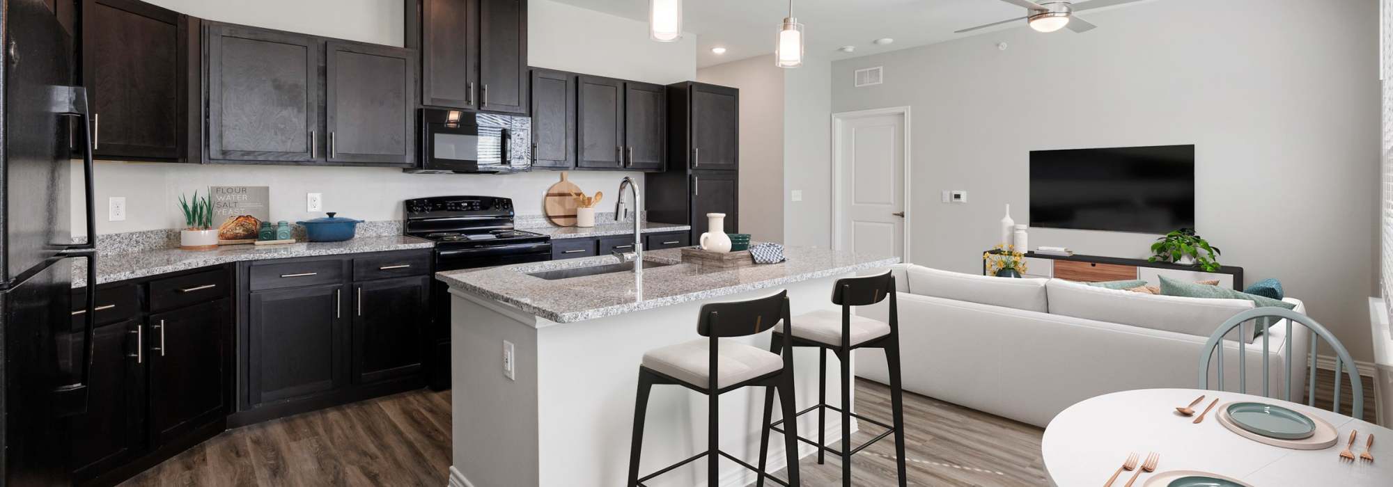 Kitchen with island countertop at Emerald Place in Lancaster, Ohio