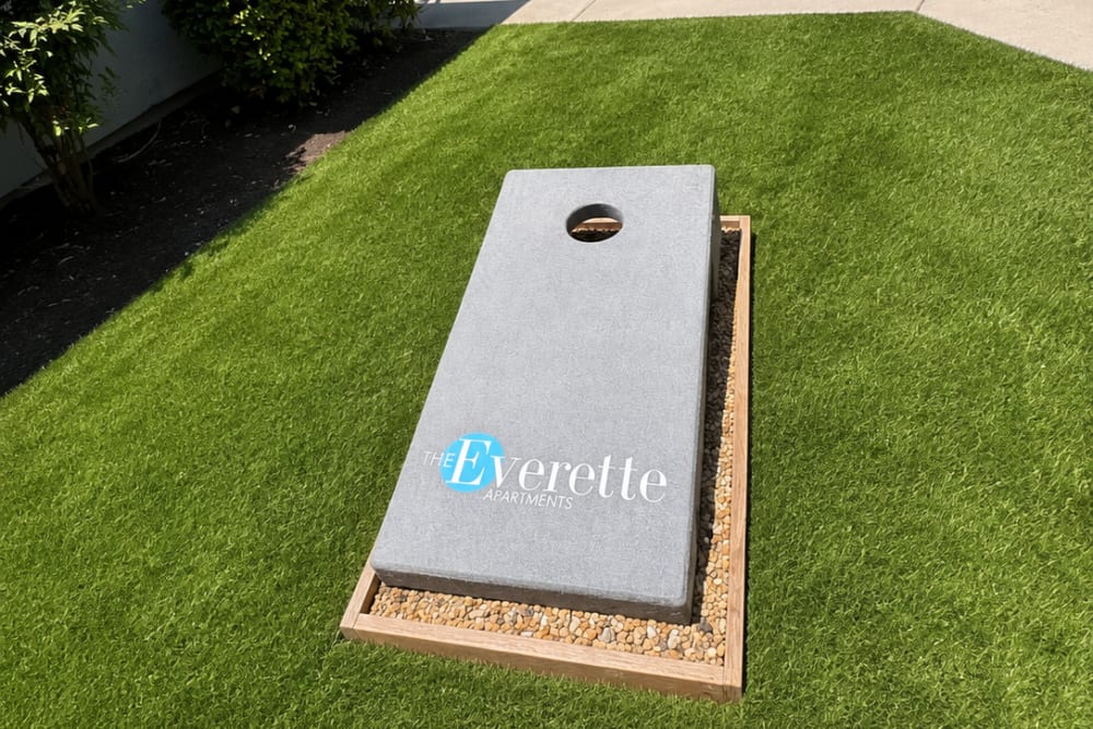Grass courtyard with cornhole board game and landscaped path between units at The Everette in Rocklin, California