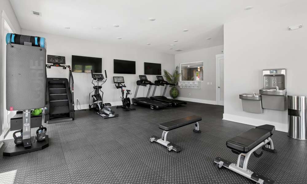 Modern fitness center with cardio machines, weights, and water fountain in bright, open space at Everett at Port Wentworth in Port Wentworth, Georgia