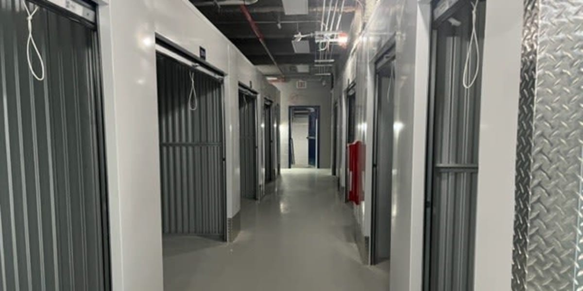 Bright hallways between storage units at Farrell Storage -Tarrytown in Tarrytown, New York