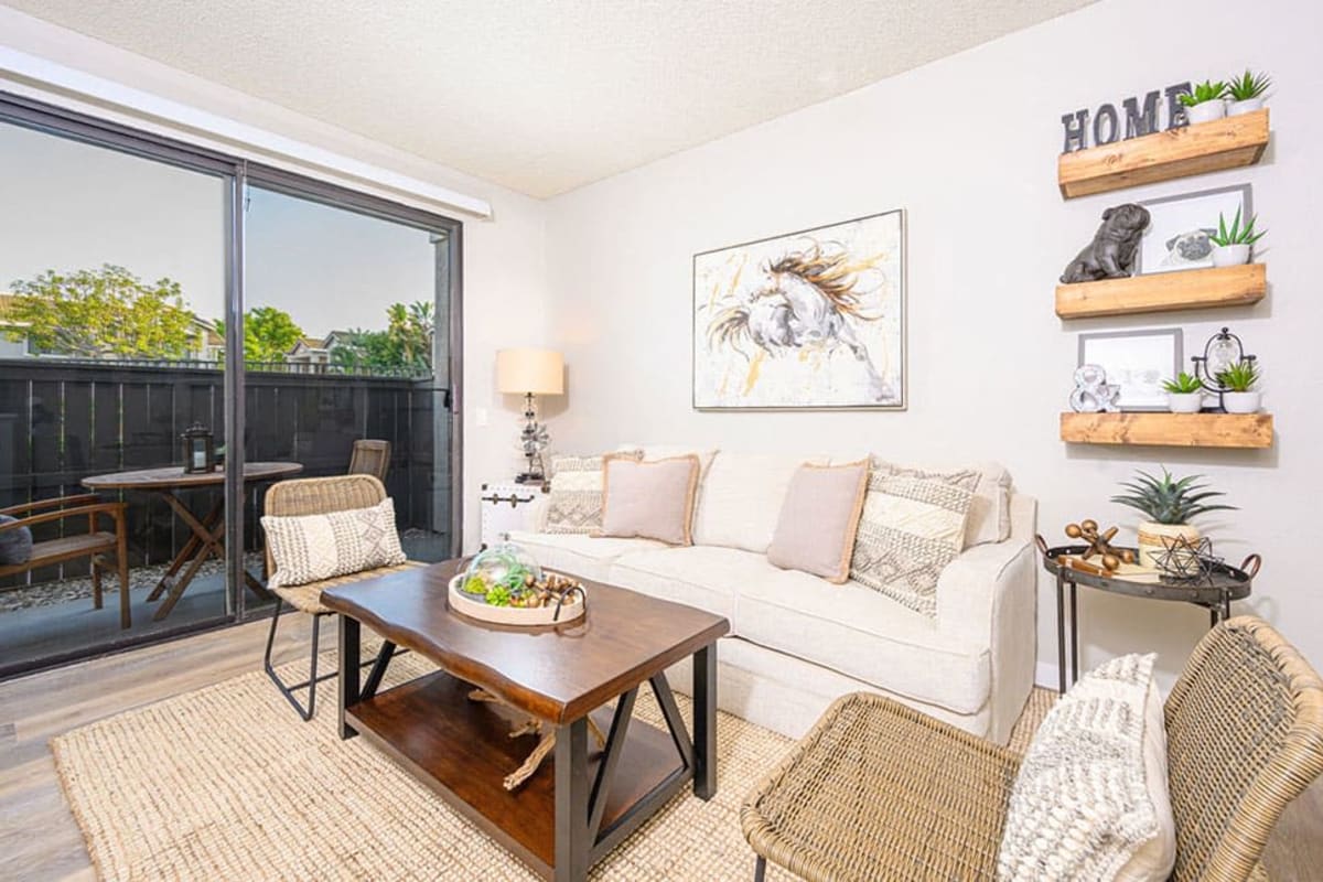 Spacious living room at The Galleria in Fountain Valley, California