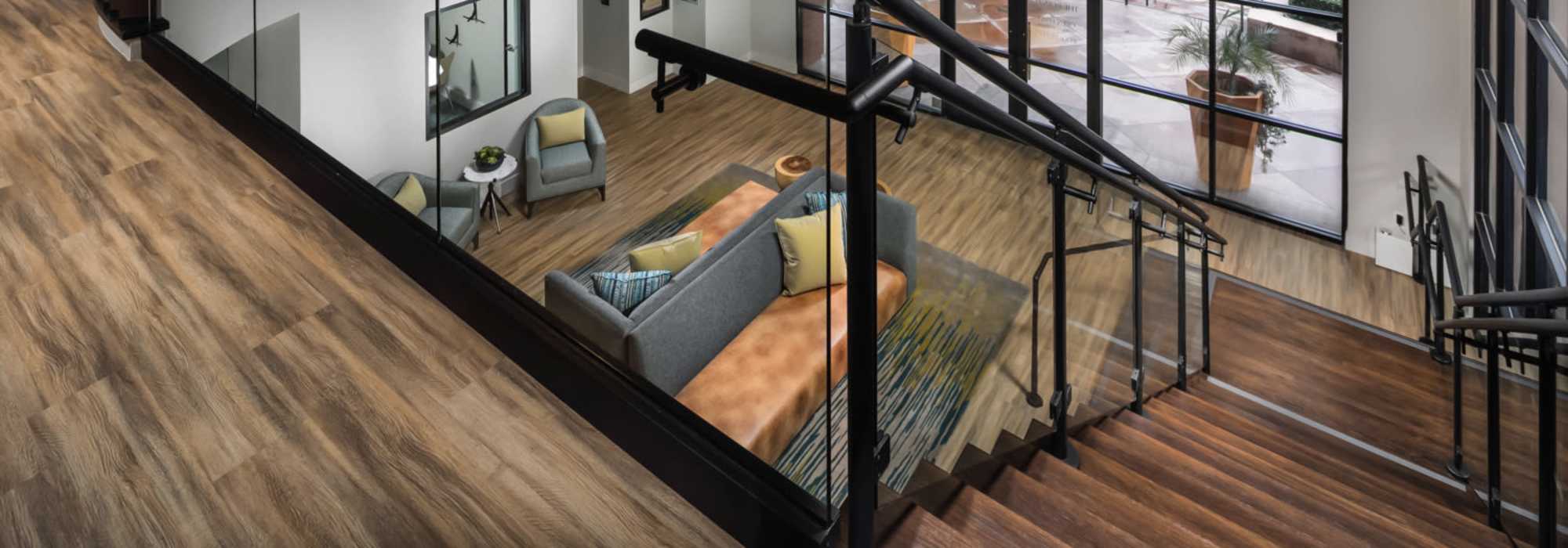 Community lounge area view from the first floor at The Pointe at Warner Center in Woodland Hills, California