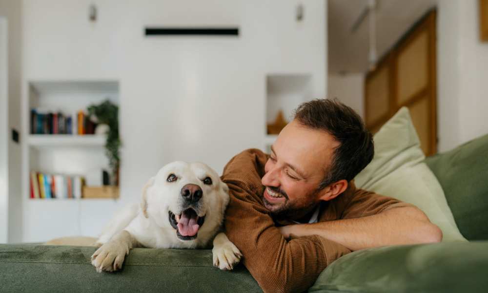Resident with his dog at Avonlea Square in Smyrna, Georgia