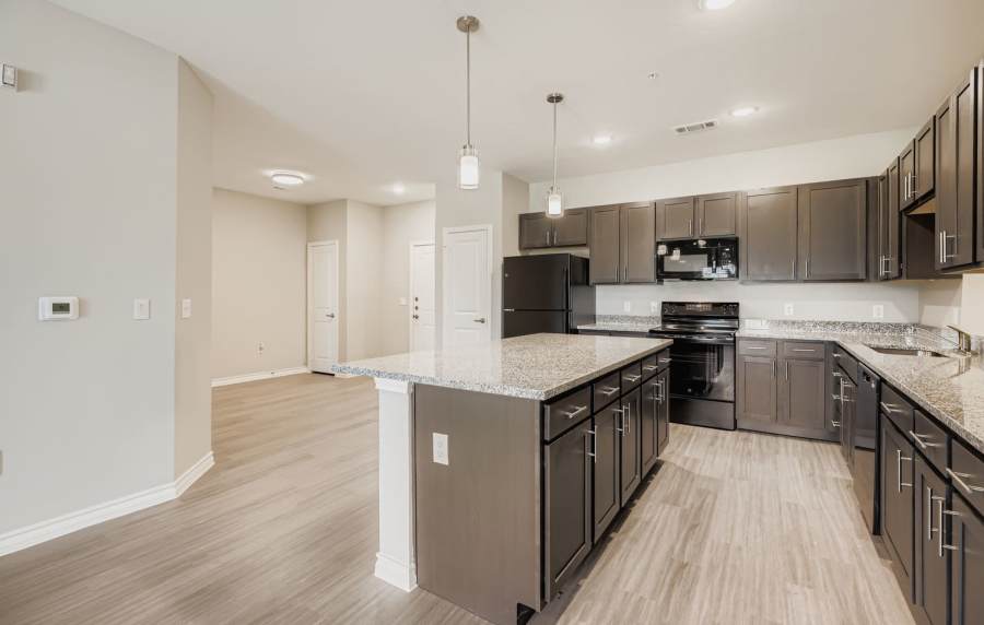 Modern kitchen with dark cabinetry and sleek granite countertops at Standard at Royal Lane in Dallas, Texas
