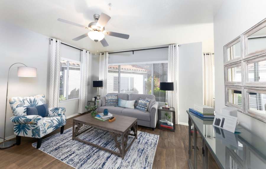 Modern and spacious living room at Alcove at the Islands in Gilbert, Arizona