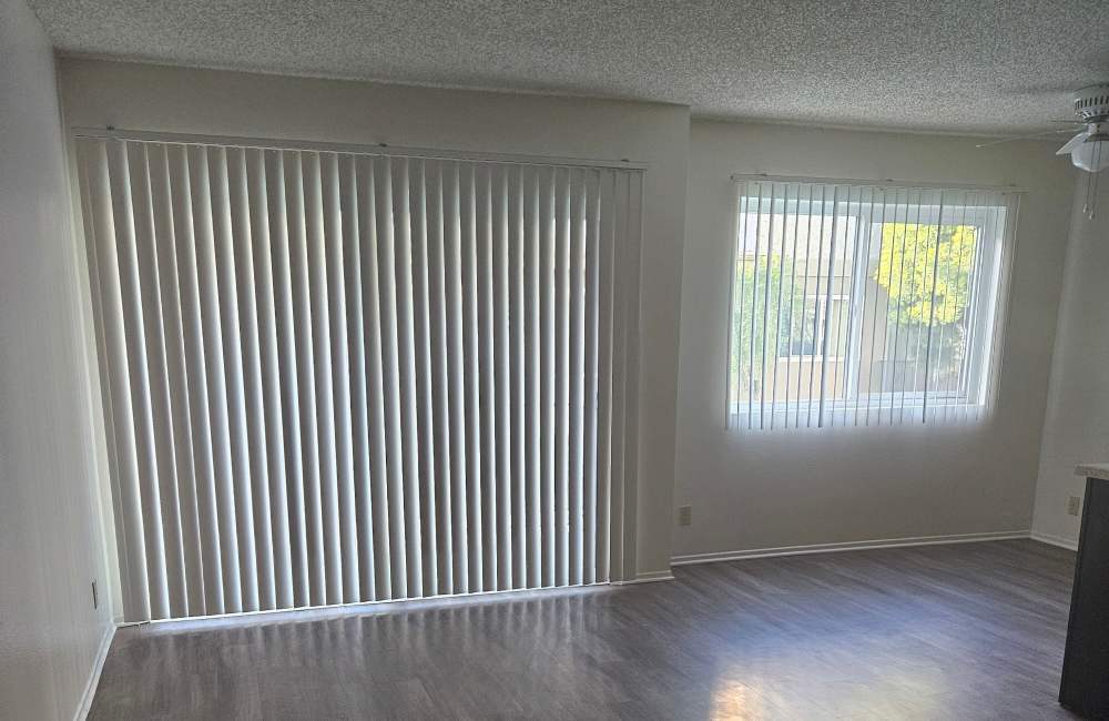 Window and doors to balcony at Orange Wood Court in Sherman Oaks, California