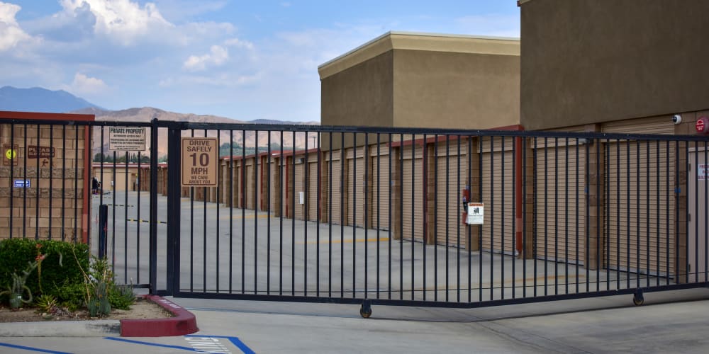 The front gate at STOR-N-LOCK Self Storage in Redlands, California