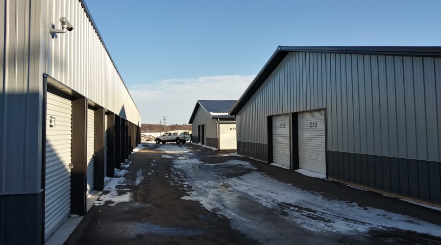 Outdoor view of storage units and wide driveways at KO Storage of Owatonna Drive Up in Owatonna, Minnesota