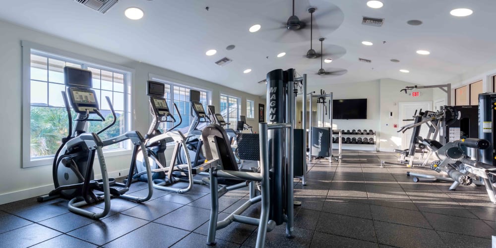 Exercise equipment in the fitness center at Spring Water Apartments in Virginia Beach, Virginia