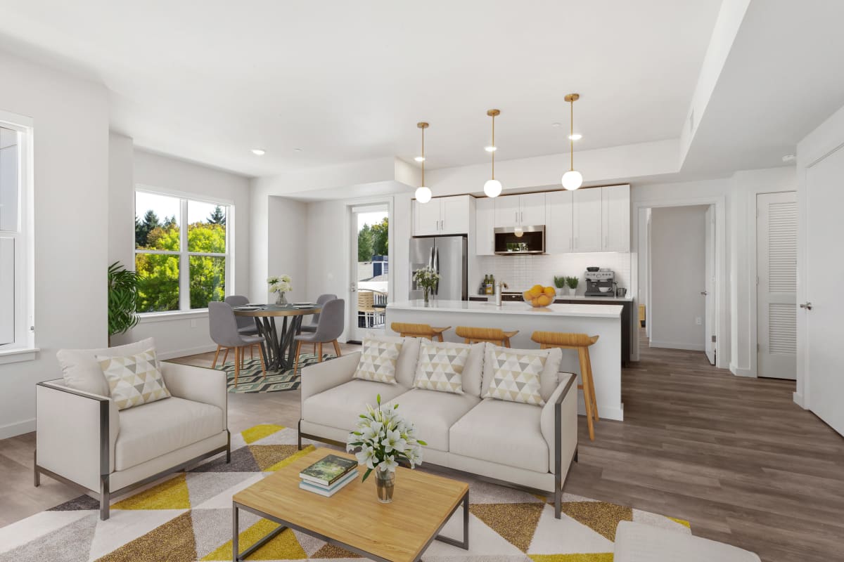 Open living room and kitchen at Kruseway Commons in Lake Oswego, Oregon