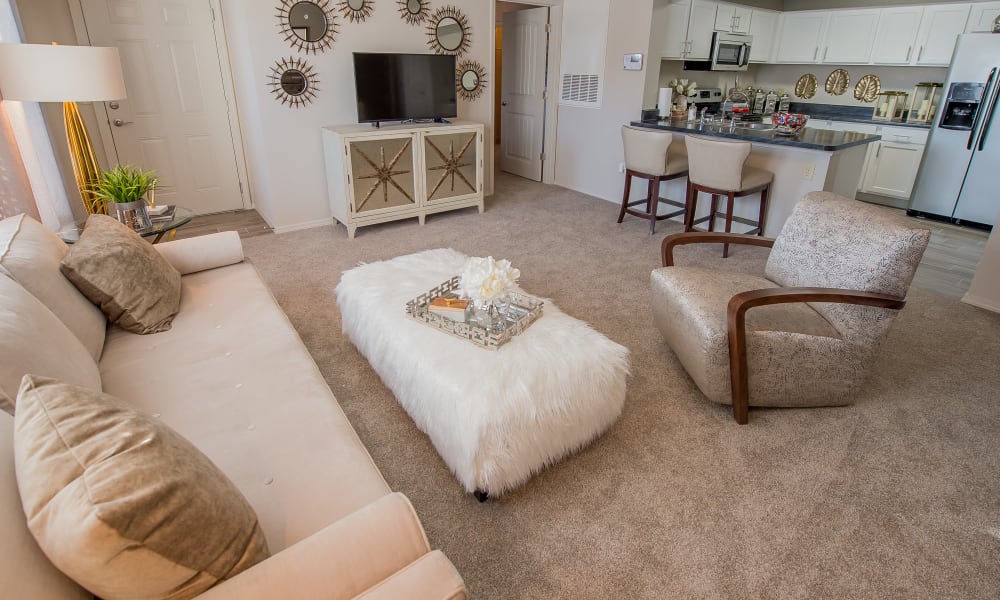 Well-lit, well decorated living room at Watercress Apartments in Maize, Kansas