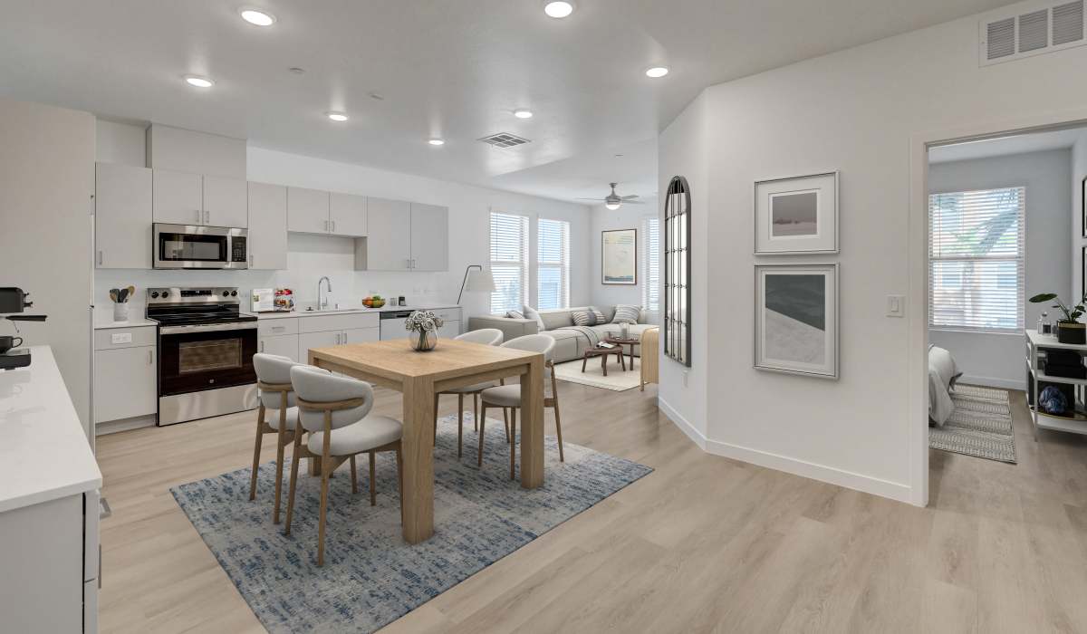 Open layout kitchen and living area at Heirloom at Bruner in Las Vegas, Nevada