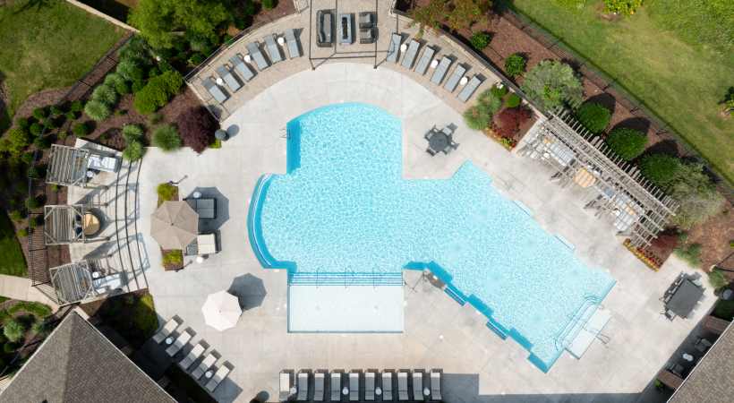 Stunning drone view swimming pool at The Banks at West Fork in Murfreesboro, Tennessee