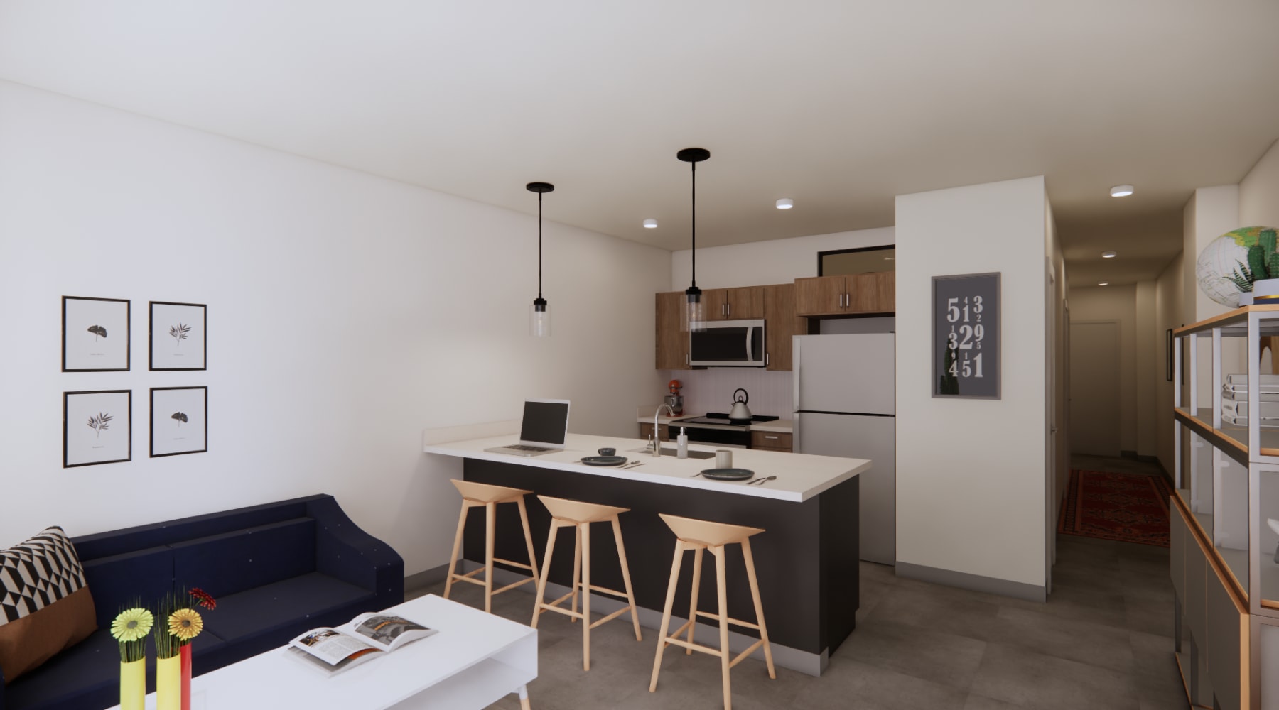 Kitchen with island in the modern apartment at Altitude on Main, Richmond, Virginia