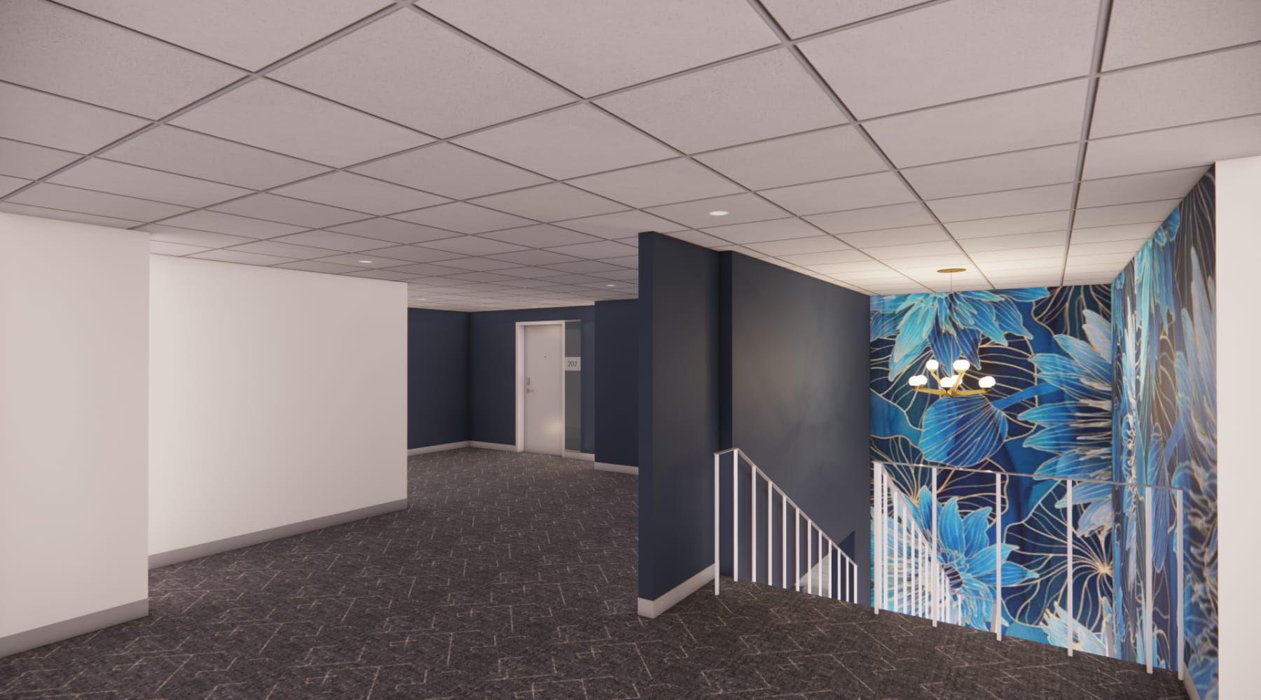 Staircase to the first floor at Altitude on Main, Richmond, Virginia