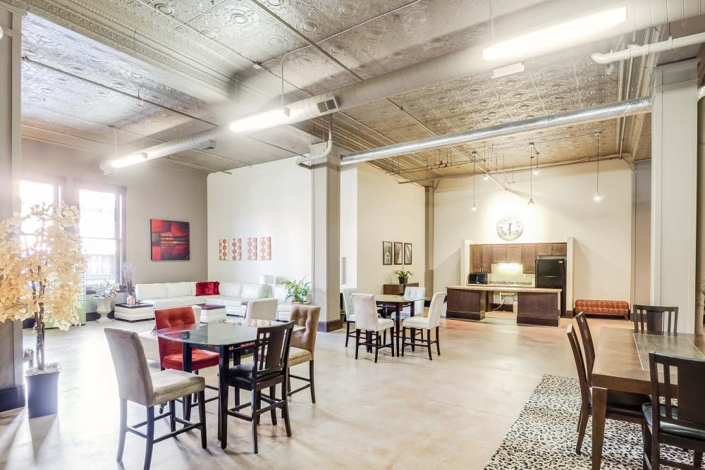 Decorative ceiling with light fixtures at Rumely Lofts in Des Moines, Iowa
