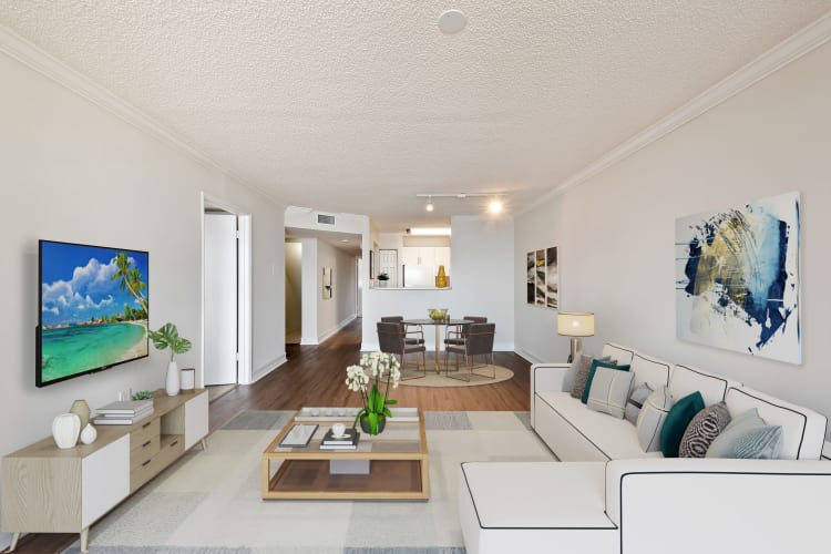 Gorgeous open model living room at St. Tropez Apartments in Miami Lakes, Florida